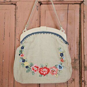 Cath Kidston Floral Embroidered Linen Handbag Purse
